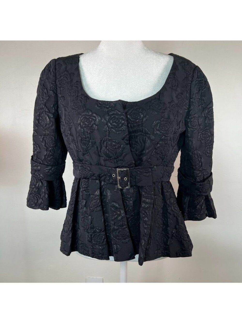 Anne Fontaine Nejia Black Rose Jacquard Wool Peplum Jacket Top Romantic Chic 6 - Picture 3 of 16